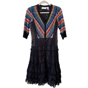 Byron Lars Beauty Mark Multi Color Crochet Black Lace Fringe Dress Size 4